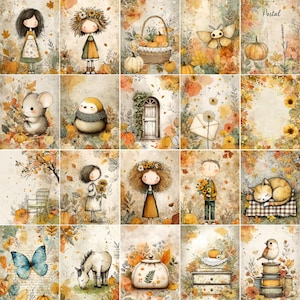 May include: A collection of watercolor illustrations with an autumn theme. The images feature children, animals, pumpkins, and fall foliage in warm tones of orange, yellow, and brown. The word "Postal" is visible in the top right corner.
