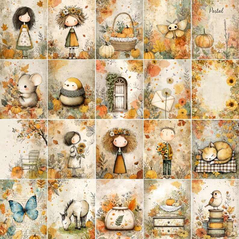 May include: A collection of watercolor illustrations with an autumn theme. The images feature children, animals, pumpkins, and fall foliage in warm tones of orange, yellow, and brown. The word "Postal" is visible in the top right corner.