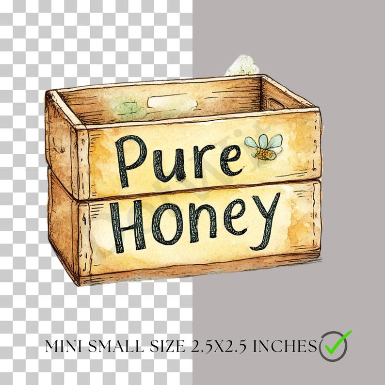 Puede incluir: Ilustraci&oacute;n en acuarela de una caja de madera con la inscripci&oacute;n "Pure Honey" y un gr&aacute;fico de abeja. La caja es de tama&ntilde;o mini, 6,35 cm x 6,35 cm. El dise&ntilde;o presenta un estilo r&uacute;stico, pintado a mano, con un fondo amarillo claro.