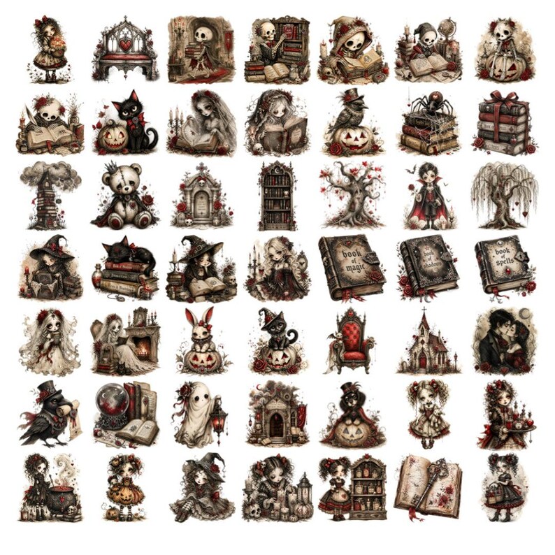 Puede incluir: Una colecci&oacute;n de cuarenta y nueve ilustraciones individuales con temas g&oacute;ticos y de fantas&iacute;a oscura, que incluyen esqueletos, brujas, gatos negros, calabazas, libros de hechizos, estructuras embrujadas y figuras inquietantes en tonos apagados.