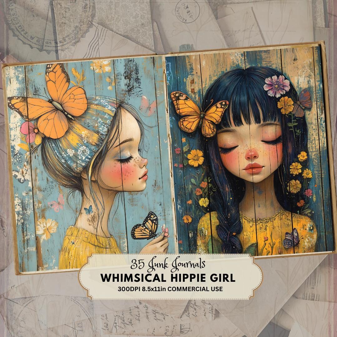 Whimsy Hippy Whimsical Hippie Girl Junk Journal Pages: Rustic Colorful Mixed Media ...
