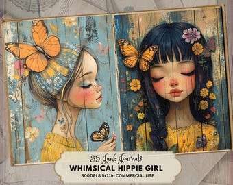 Whimsical Hippie Girl Junk Journal Pages: Rustic Colorful Mixed Media (Digital Download)