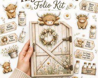 Highland Cow Folio Kit, Printable Ephemera, Fussy Cuts, Tags & Cards, Interactive Journal Paper