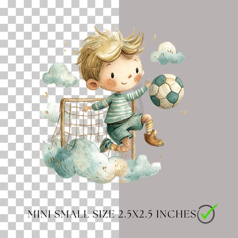 May include: A watercolour illustration of a cartoon boy playing football. The boy, in a striped shirt and shorts, kicks a football towards a goal. The image includes text: "MINI SMALL SIZE 2.5X2.5 INCHES".