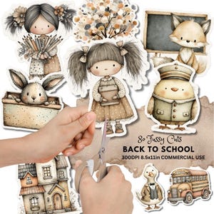 Puede incluir: Pegatinas de acuarela con ilustraciones temáticas escolares. El conjunto incluye imágenes de una niña, un conejo, un zorro, un pollito, un pato, un autobús escolar y casas. También se ve el texto "80 Fussy Cuts BACK TO SCHOOL".