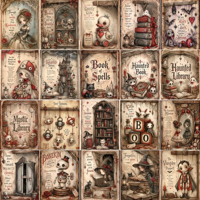 May include: A collection of twenty rectangular art prints featuring gothic-style illustrations of characters, books, and magical items. Each print includes decorative borders, aged paper textures, and various text phrases in a dark, whimsical aesthetic.