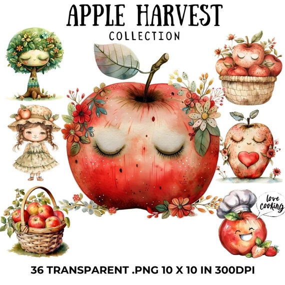 Watercolor Apple Clipart, Fall Harvest, Commercial Use (PNG)