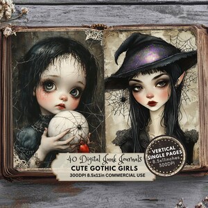 Gothic Doll Junk Journal Pages, Gothic Girl Ephemera, Cute Gothic Prints, Digital Paper, Scrapbook Paper, Dark Fantasy Cartoon