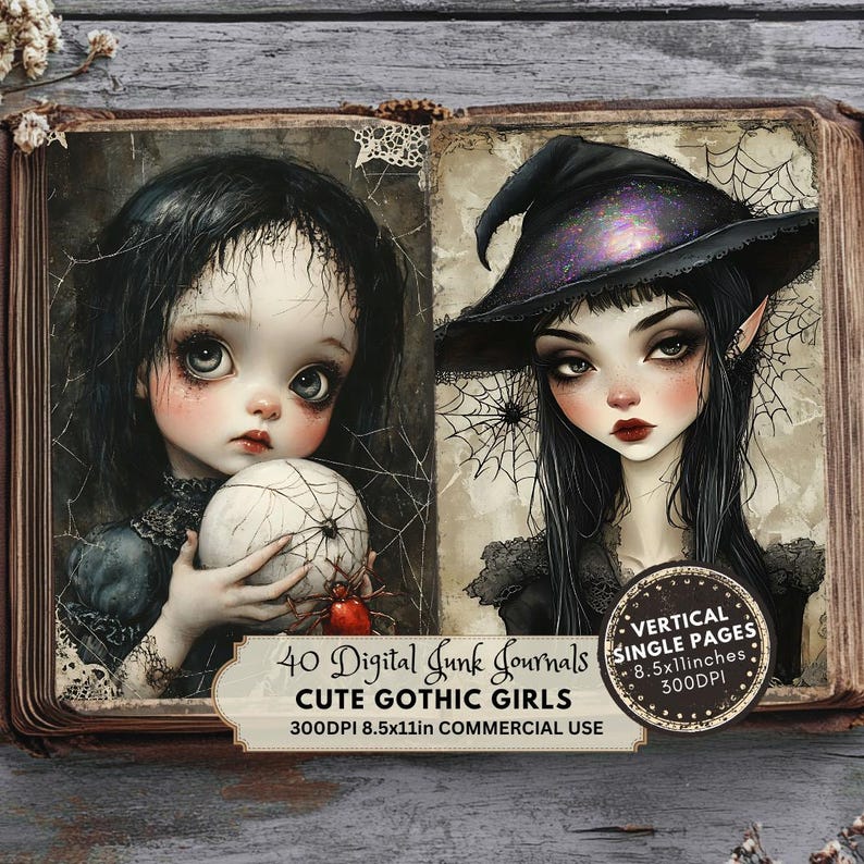 Gothic Doll Junk Journal Pages, Gothic Girl Ephemera, Cute Gothic Prints, Digital Paper, Scrapbook Paper, Dark Fantasy Cartoon