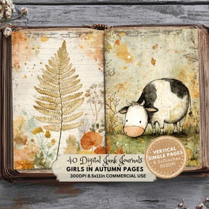 fern leave, cow grassing in the meadow, Printable Junk Journal Pages, Autumn Digital Download, Cozy Fall Ephemera, Scrapbook Paper, Instant Access, Quirky Girls with Flowers in Autumn