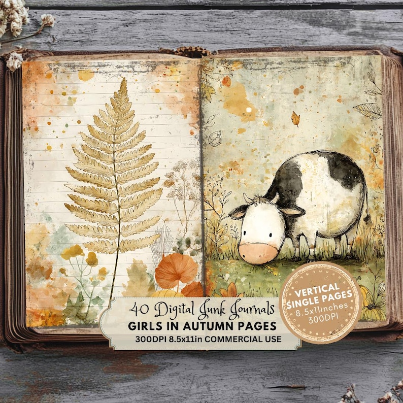 fern leave, cow grassing in the meadow, Printable Junk Journal Pages, Autumn Digital Download, Cozy Fall Ephemera, Scrapbook Paper, Instant Access, Quirky Girls with Flowers in Autumn