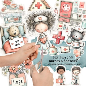 Puede incluir: Una colección de pegatinas de estilo acuarela con temas médicos. Incluye una enfermera, un gato enfermero, un oso de peluche en la cama y equipo médico. El texto de las pegatinas dice "get well", "hope" y "Nurses & Doctors".