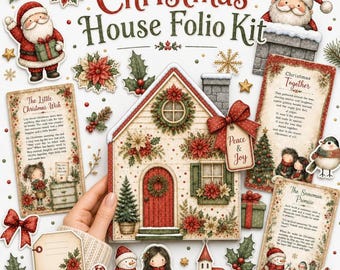 Christmas House Folio Kit, Printable Holiday Ephemera, Foldable Paper Craft, Tags, Cards