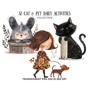 Pet Daily Activities - Watercolor Kitten Art - Digital Download for Scrapbooking - Cute Cat PNGs - PNG Clipart for Goodnotes - Digital PNG