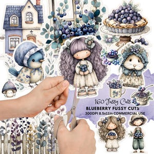 Può includere: Una collezione di ritagli stravaganti a tema mirtillo. L'immagine presenta illustrazioni di una torta, bambole, un uccello e un coniglio, il tutto con un morbido stile acquerello. Il testo recita "160 Fussy Cuts Blueberry Fussy Cuts 8.5x11in Commercial Use."