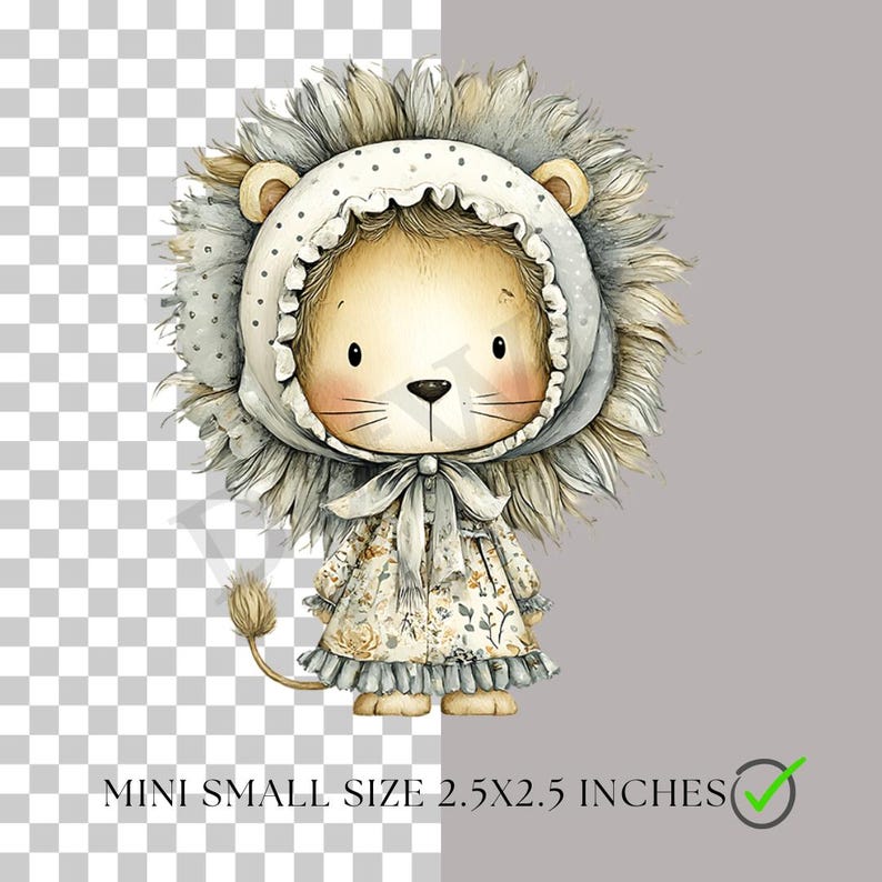 K&ouml;nnte beinhalten: Aquarell-Illustration eines L&ouml;wenjungen mit H&auml;ubchen und Kleid. Der L&ouml;we hat eine flauschige M&auml;hne und einen Schwanz. Das Kleid ist cremefarben mit einem Blumenmuster. Der Bildtext lautet: MINI KLEINE GR&Ouml;SSE 6,35X6,35 ZENTIMETER.