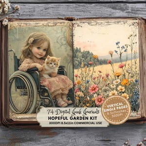 Pode incluir: Kit de diário digital com estética vintage. A imagem apresenta uma menina numa cadeira de rodas segurando um gatinho, em um fundo de campo de flores. O diário inclui 74 páginas, 21,59 x 27,94 cm.