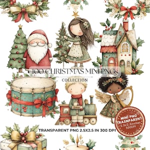 Puede incluir: Ilustraciones en acuarela con motivos navideños, incluyendo a Papá Noel, niños, una casa, un tambor y un tren. La imagen incluye el texto "100 CHRISTMAS MINI PNGS COLLECTION" y "TRANSPARENT PNG 2.5X2.5 IN 300 DPI".