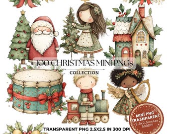 Clipart navideño PNG con fondo transparente: Clipart festivo de acuarela (descarga digital, 2,5 x 2,5 pulgadas)
