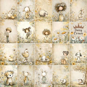 Peut inclure: Une collection d'illustrations &agrave; l'aquarelle repr&eacute;sentant des animaux et des enfants fantaisistes dans un champ de marguerites. Les images incluent un lapin, un mouton, des poussins, des canards et un chien. Le texte "Daisy Crown" est visible.