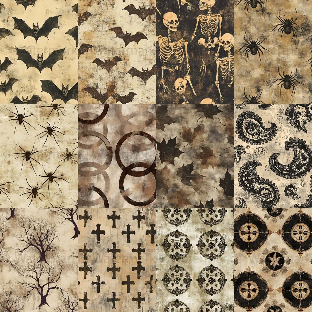 Vintage Halloween Digital Paper: Skull Damask, Seamless Textures ...