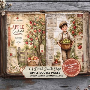 May include: A digital scrapbook page set featuring an apple orchard theme. The left page shows an apple tree, a wooden fence, and text including Apple Orchard. The right page depicts a child holding a basket of apples, with text labels.