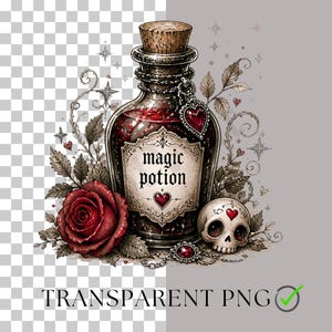 Puede incluir: Una botella de vidrio llena de l&iacute;quido rojo oscuro, etiquetada con el texto magic potion, con un tap&oacute;n de corcho, un dije en forma de coraz&oacute;n, una rosa roja, una peque&ntilde;a calavera con un coraz&oacute;n en la frente e ilustraciones de enredaderas y estrellas.