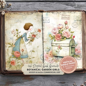 Kit de diário de jardim botânico, itens vintage para impressão, álbum de recortes digital, suprimentos para diário da natureza, meninas do jardim botânico, floral
