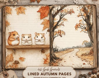 May include: An open journal with lined pages featuring an autumn theme. The left page shows three small hamsters on a wooden shelf surrounded by orange maple leaves. The right page depicts a winding path through trees. Text reads 46 Junk Journals.