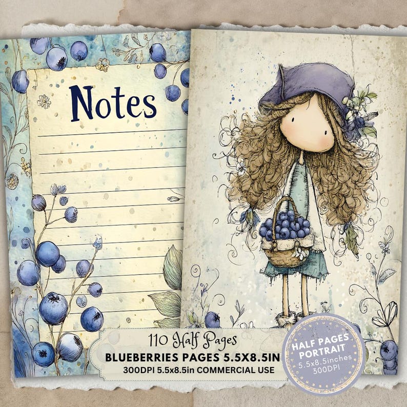 Blueberry Half Pages: Blueberries Summer Fruit Paper Printable (digital ...