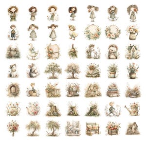 May include: A collection of watercolor stickers featuring whimsical illustrations. The stickers depict children, animals, flowers, trees, and decorative elements in soft, muted colors. The overall theme is vintage and romantic, suitable for scrapbooking or crafting projects.