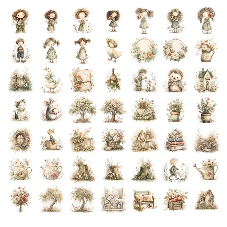 May include: A collection of watercolor stickers featuring whimsical illustrations. The stickers depict children, animals, flowers, trees, and decorative elements in soft, muted colors. The overall theme is vintage and romantic, suitable for scrapbooking or crafting projects.