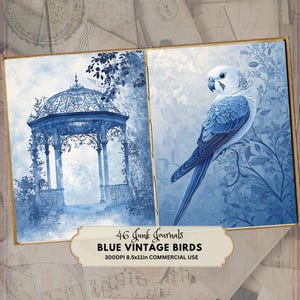 Blue Quirky Birds Junk Journal Pages: Vintage Ephemera, Toile de Jouy Style (Digital Download)