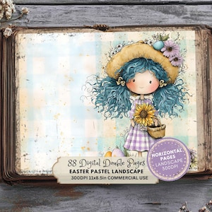 Puede incluir: Doble página digital con una ilustración caprichosa. Una niña de dibujos animados con cabello azul y un sombrero de paja sostiene un girasol y una canasta. El fondo presenta un patrón de cuadros pastel. Texto: "88 páginas digitales Paisaje pastel de Pascua 27,9x21,6cm".