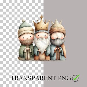 May include: Watercolor illustration of three wise men, each with a beard and wearing robes and crowns. The figures are in shades of green, blue, brown, and gold. The image has a transparent background with the text "TRANSPARENT PNG".