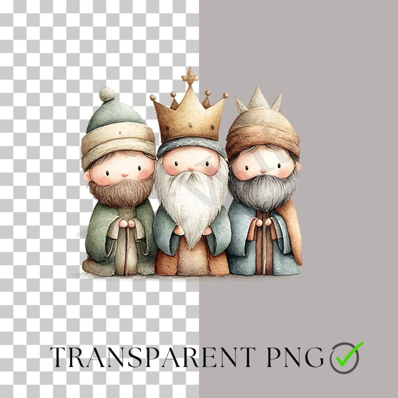 May include: Watercolor illustration of three wise men, each with a beard and wearing robes and crowns. The figures are in shades of green, blue, brown, and gold. The image has a transparent background with the text "TRANSPARENT PNG".