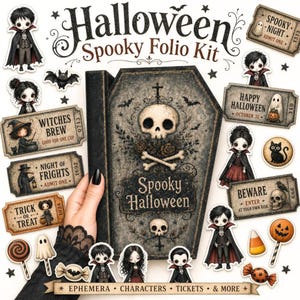 Pode incluir: Um kit de folio assustador de Halloween com um livro em forma de caixão com design de caveira e ossos, rodeado por vários adesivos, incluindo vampiros, fantasmas, um gato preto, doces e bilhetes de estilo vintage.
