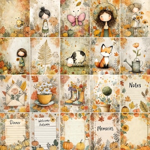 May include: A collection of watercolor illustrations with an autumn theme. The images feature whimsical characters, pumpkins, leaves, and floral elements. Some images include text such as "Welcome Autumn", "Dinner", "Notes", and "Memories". The color palette includes warm tones of orange, yellow, and brown.