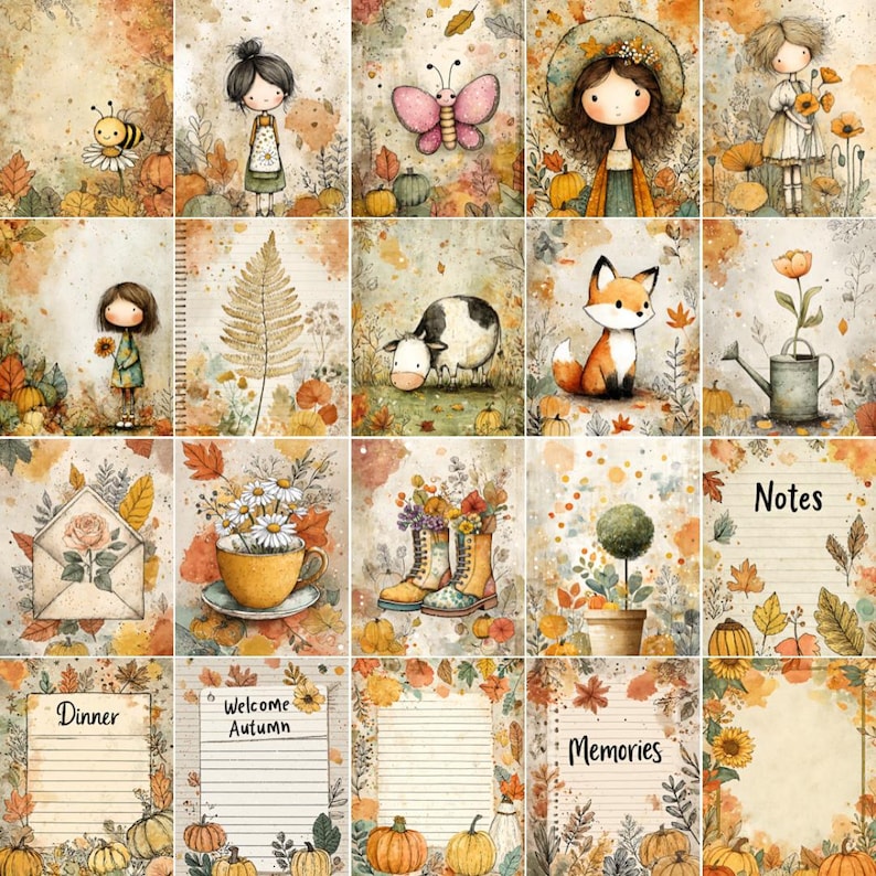 May include: A collection of watercolor illustrations with an autumn theme. The images feature whimsical characters, pumpkins, leaves, and floral elements. Some images include text such as "Welcome Autumn", "Dinner", "Notes", and "Memories". The color palette includes warm tones of orange, yellow, and brown.