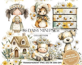 Daisy Clipart PNG Transparent Background: Watercolor Wildflower Illustrations (Digital Download, 3x3 inches)