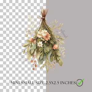 May include: Watercolor illustration of a bouquet of flowers and greenery, tied with twine. The bouquet includes peach-colored roses, white daisies, and various green leaves. The text at the bottom reads "MINI SMALL SIZE 2.5X2.5 INCHES".