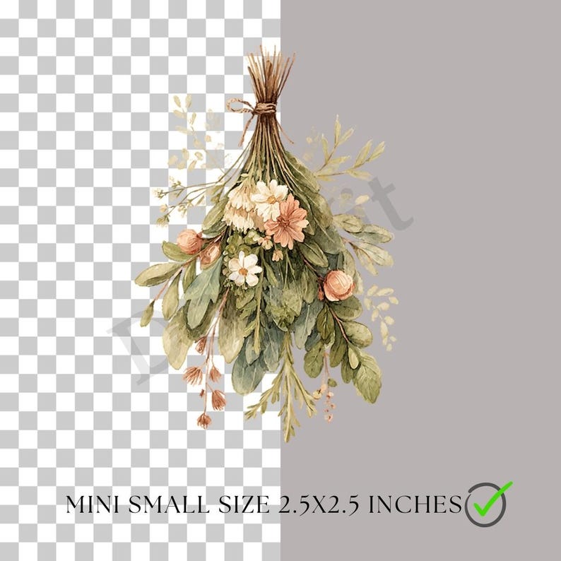 May include: Watercolor illustration of a bouquet of flowers and greenery, tied with twine. The bouquet includes peach-colored roses, white daisies, and various green leaves. The text at the bottom reads "MINI SMALL SIZE 2.5X2.5 INCHES".