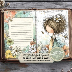 lined page, girl with flower, Bright Spring Junk Journal Kit, Colorful Printable Ephemera, Digital Scrapbook Pages for Creative Projects, Ink and Pages Spring Girls