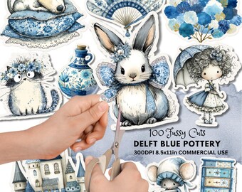 Delft Blue Pottery Fussy Cuts: Vintage Dutch Ephemera, Printable Chinoiserie Clipart (Digital Download)