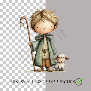 May include: Watercolor illustration of a shepherd boy with a staff, wearing a green cloak and brown pants, with a small white sheep. The image is labeled "MINI SMALL SIZE 2.5X2.5 INCHES".