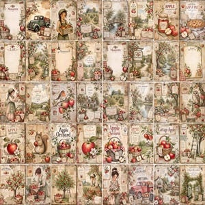 May include: A collection of thirty rectangular paper sheets featuring vintage-style illustrations of apple orchards, baskets of red apples, rustic trucks, and people harvesting fruit, with decorative borders and text labels like Apple Orchard.