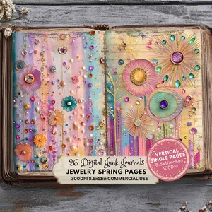 May include: A digital junk journal page with a watercolor background and colorful embellishments. The page features a variety of flowers, jewels, and other decorative elements. The text "26 Digital Junk Journals Jewelry Spring Pages 300DPI 8.5x11in COMMERCIAL USE" is printed at the bottom of the page. The text "VERTICAL SINGLE PAGES 8.5x11inches 300DPI" is printed in a circle at the top right corner of the page.