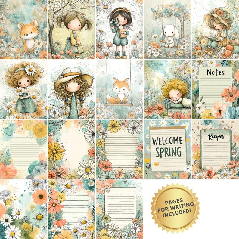 May include: A collection of watercolor-style journal pages with whimsical illustrations of children, animals, and flowers. The pages feature lined spaces for writing, with some pages including the text "Notes", "Recipes", and "Welcome Spring". A gold seal reads "Pages for Writing Included!"