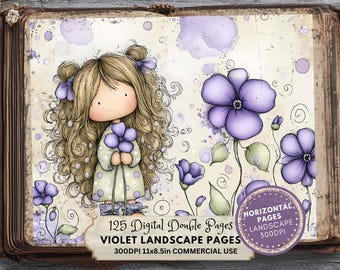Violet Printable Pages: Purple Floral Junk Journal Ephemera (LANDSCAPE Version)