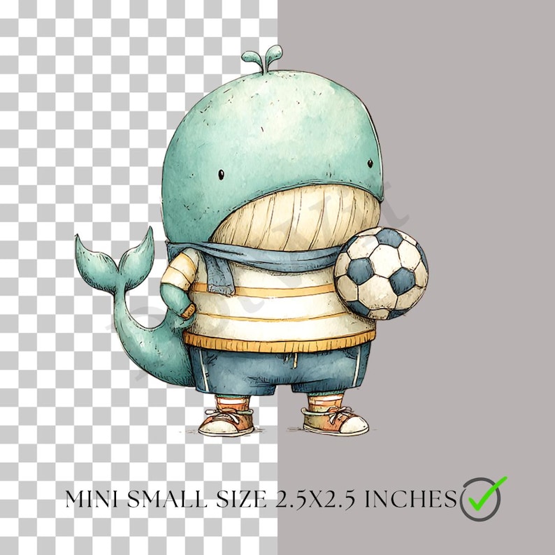 May include: A watercolour illustration of a cartoon whale wearing a striped sweater, blue shorts, and a scarf, holding a football. The image is labelled "MINI SMALL SIZE 2.5X2.5 INCHES". The size is approximately 6.35cm x 6.35cm.